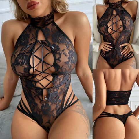 Women's Sexy Solid Color Party Hollow Out Jumpsuit Mid Waist Thong Sexy Lingerie