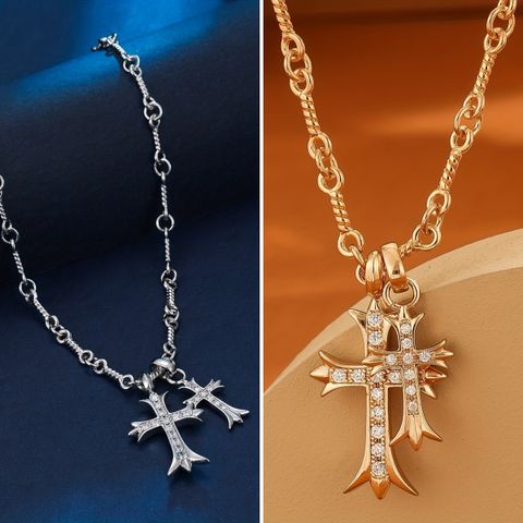Copper 18K Gold Plated Silver Plated Hip-Hop Cross Inlay Zircon Pendant Necklace