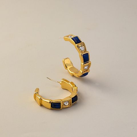 1 Pair Retro C Shape Plating Inlay Alloy Natural Stone Rhinestones Ear Studs