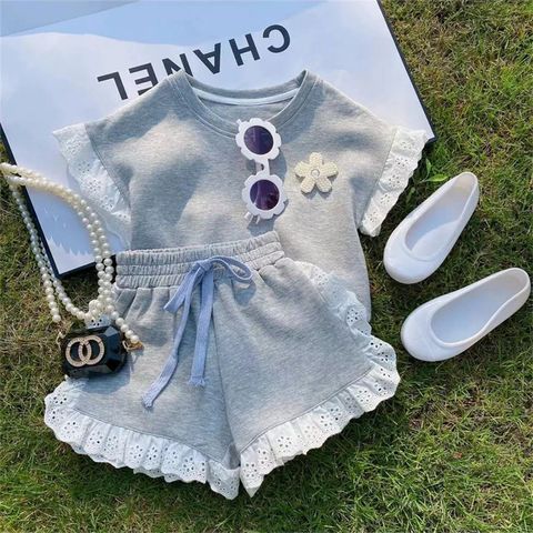 Cute Solid Color Elastic Drawstring Design Pearl Lace Cotton Girls Clothing Sets