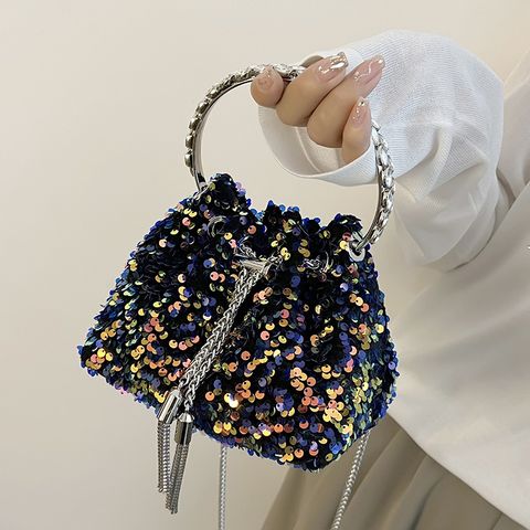 Women's Small Pu Leather Solid Color Elegant Sequins Bucket String Handbag Crossbody Bag Bucket Bag