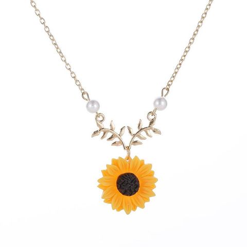 Fashion Sunflower Two Pearls Sun Flower Alloy Necklace Nhcu152908