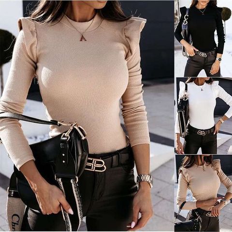 Women's Long Sleeve Rib-knit Casual Fashion Solid Color