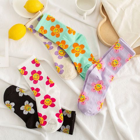 Socks Women's Tube Socks Korean Smiley Flower Personality Small Flower Socks Wholesale