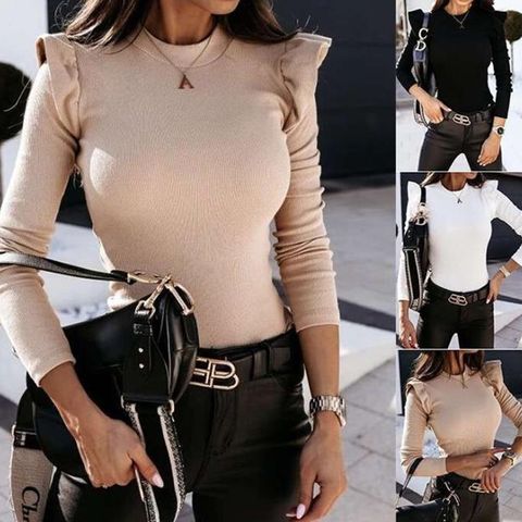New Women&#39;s Semi-high Round Neck Solid Color Long-sleeved Sweater With Wooden Ears