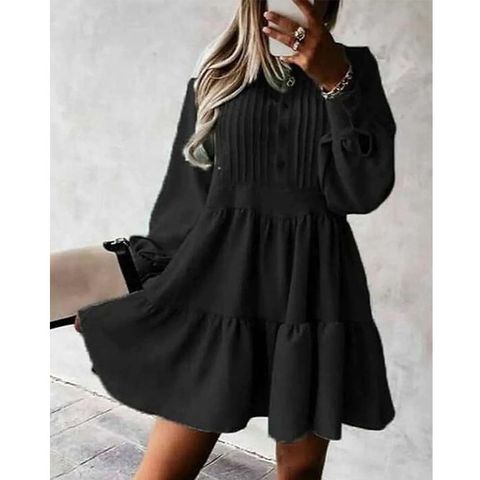 Elegant Stripe Solid Color Round Neck Long Sleeve Patchwork Button Polyester Dresses Knee-length Tiered Skirt