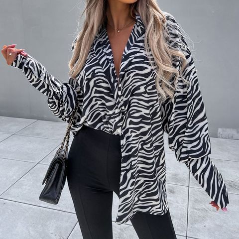 Fashion Zebra Polyester Chiffon Turndown Long Sleeve Regular Sleeve Blouse