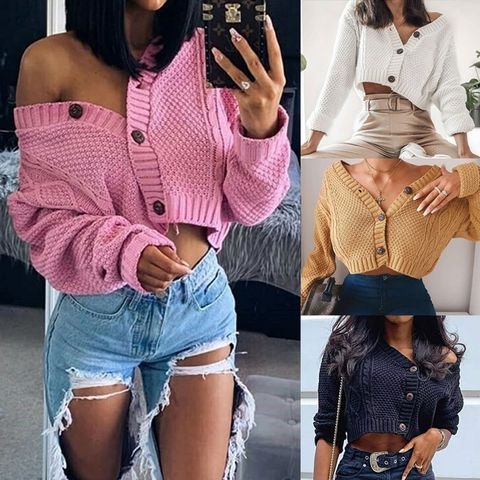 Women's Knitwear Long Sleeve Sweaters & Cardigans Button Fashion Solid Color