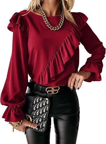 Women's Blouse Long Sleeve Blouses Lettuce Trim Fashion Solid Color