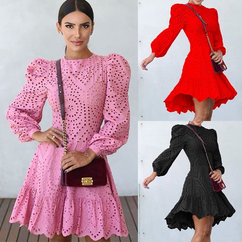 Women's A-line Skirt Fashion Round Neck Hollow Out Long Sleeve Solid Color Above Knee Daily