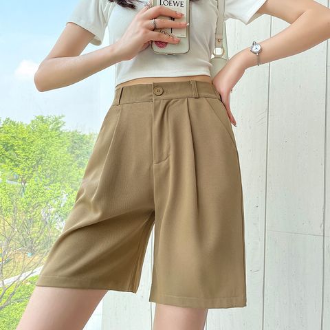 Women's Daily Simple Style Solid Color Shorts Button Wide Leg Pants