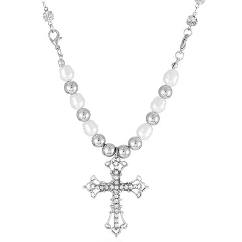 1 Piece Cool Style Cross Alloy Plating Artificial Pearls Rhinestones Silver Plated Women's Pendant Necklace