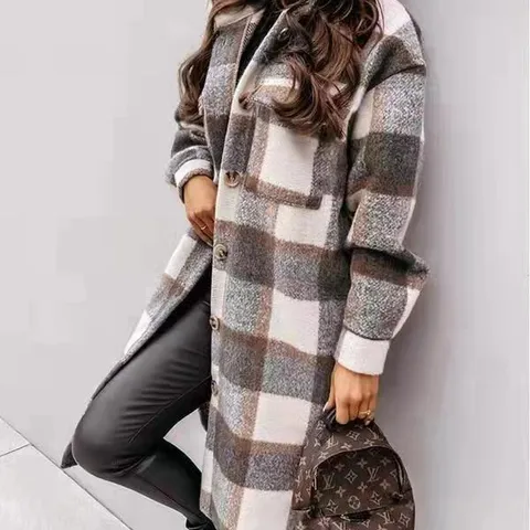 Women's Casual Plaid Button Single Breasted Coat Woolen Coat