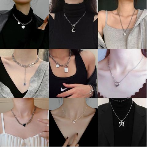 Stainless Steel Modern Style Hip-Hop Punk Plating Hollow Out Inlay Butterfly Letter Moon Artificial Diamond Acrylic Pendant Necklace