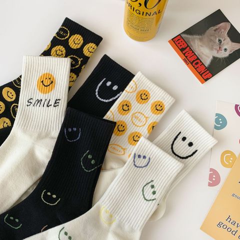 Women's Cute Letter Smiley Face Nylon Cotton Jacquard Crew Socks A Pair