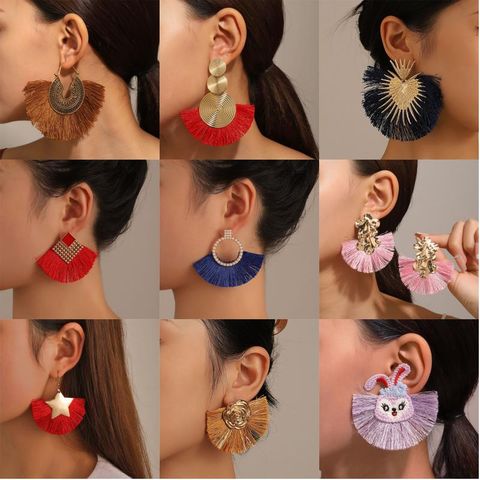 Bohemian Streetwear Oversized Sector Cloth Fabric Copper Tassel Plating Inlay Rhinestones Pearl 18k Gold Plated Silver Plated Women's Drop Earrings