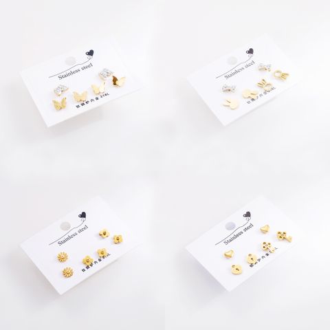 1 Set Elegant Lady Smiley Face Butterfly Key 304 Stainless Steel 14K Gold Plated Ear Studs