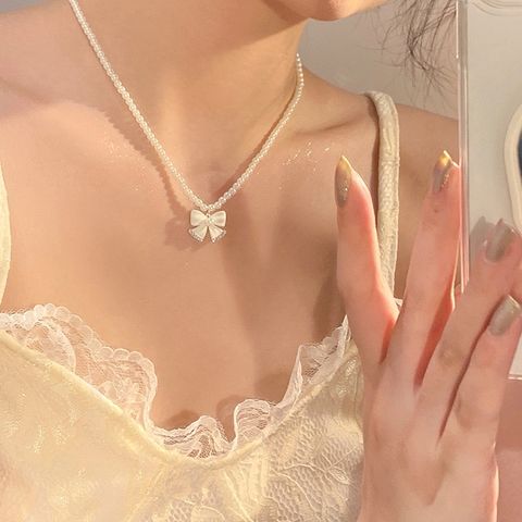 Sweet Heart Shape Bow Knot Imitation Pearl Alloy Wholesale Necklace
