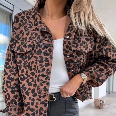 Women's Casual Leopard Washed Single Breasted Coat Denim Jacket