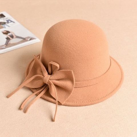 Women's Elegant Basic Lady Solid Color Bowknot Wide Eaves Fedora Hat