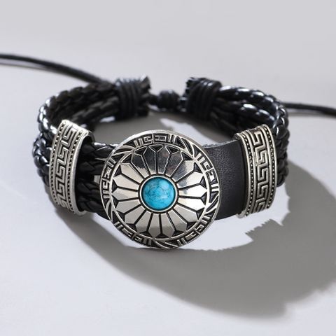 Vintage Style Circle Round Pu Leather Alloy Patchwork Inlay Turquoise Men's Bracelets