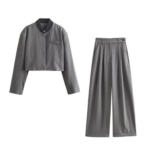 Daily Street Women's Streetwear Stripe Polyester Pocket Blazer Suits Pants Sets