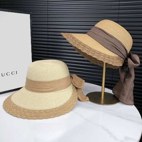 Women's Simple Style Classic Style Color Block Bowknot Flat Eaves Straw Hat