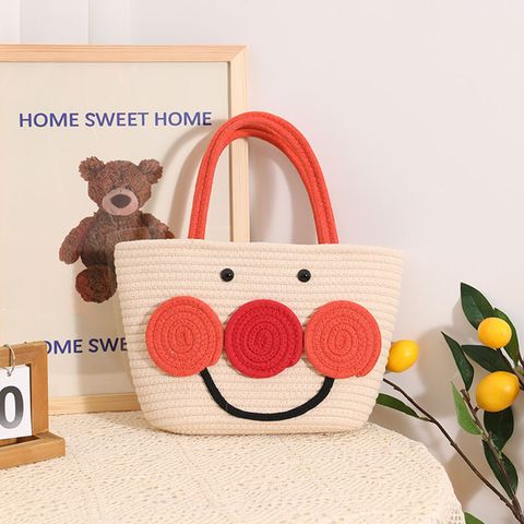 Women's Medium Straw Cartoon Smiley Face Cute Square Open Straw Bag