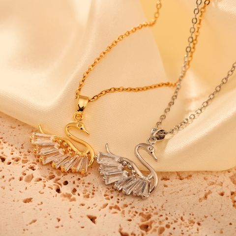 Copper Cute Shiny Swan Inlay Zircon Pendant Necklace