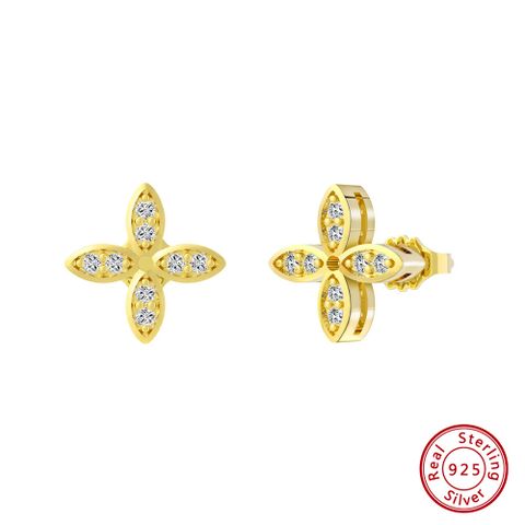 1 Pair Sweet Simple Style Four Leaf Clover Flower Polishing Plating Inlay Sterling Silver Zircon 14k Gold Plated White Gold Plated Silver Plated Ear Studs
