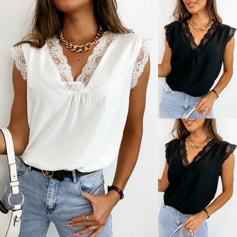 Elegant Solid Color T-Shirts Polyester Lace T-shirt Tops