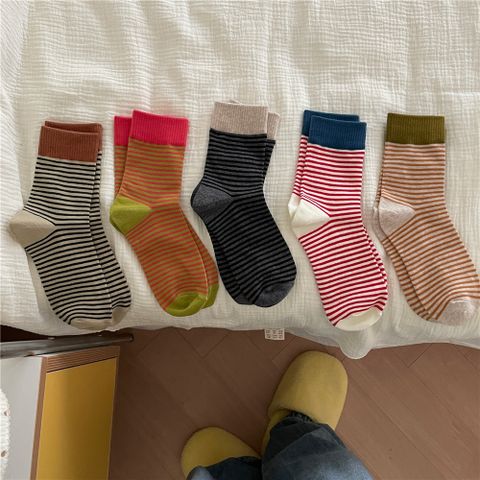 Women's Casual Color Block Stripe Cotton Crew Socks A Pair