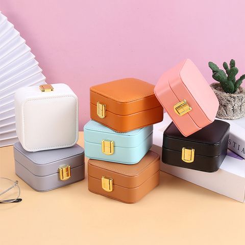 Simple Style Solid Color Pu Leather Layered Metal Button Jewelry Boxes