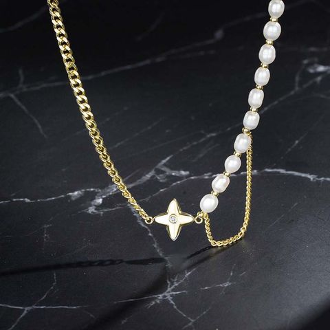 Ig Style Commute Color Block Alloy Freshwater Pearl Copper Polishing Plating Inlay Zircon Gold Plated Pendant Necklace