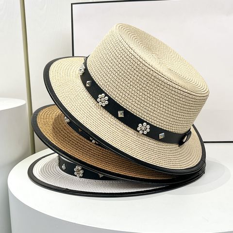 Women's Simple Style Flower Flat Eaves Straw Hat