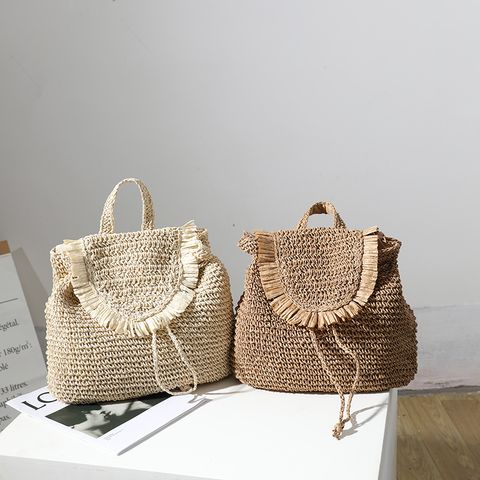 Women's Medium Straw Solid Color Vintage Style Classic Style Square Magnetic Buckle Fashion Backpack