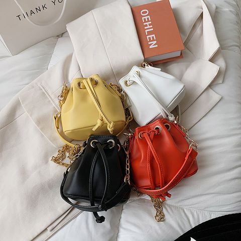 Women's Small Pu Leather Solid Color Elegant Bucket String Crossbody Bag