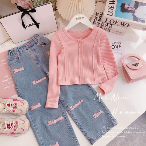 Casual Pocket Letter Front Pocket Hole Knitted Cotton Girls Clothing Sets