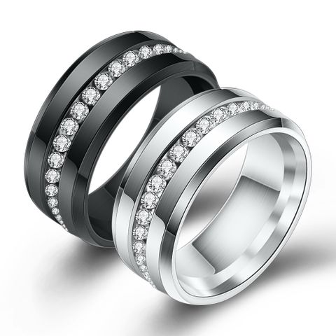 Fashion Single Row Rhinestone Inlaid 8mm Black White Titanium Steel Couple Rings