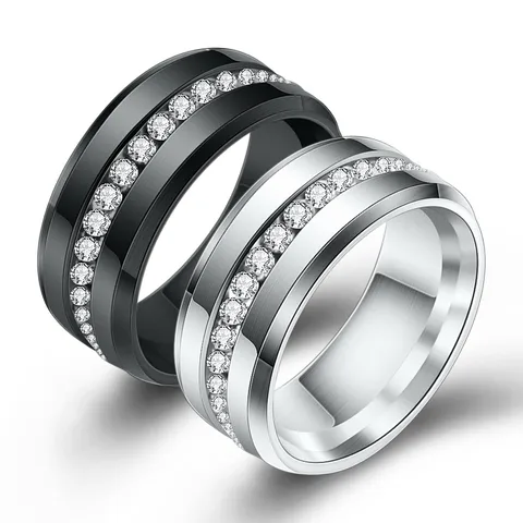 Anillos De Pareja De Acero Titanio Blanco Negro 8mm Con Incrustaciones De Diamantes De Imitación De Una Fila De Moda