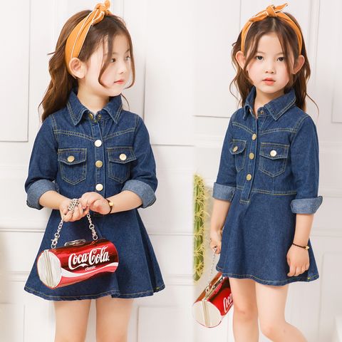 Casual Basic Classic Style Solid Color Pocket Button Cotton Girls Dresses