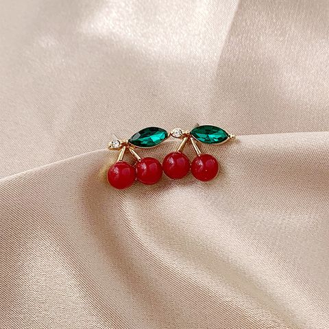 1 Pair Elegant Cute Sweet Cherry Inlay Alloy Artificial Rhinestones Gold Plated Ear Studs