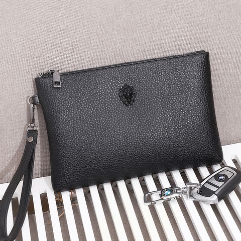 Men's Solid Color Litchi Pattern Pu Leather Zipper Clutch Bag