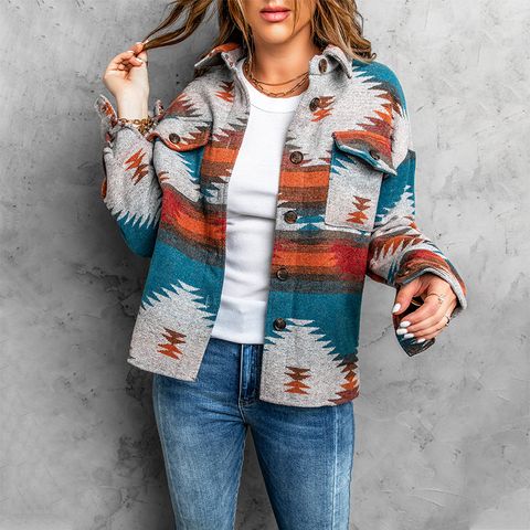 Women's Fashion Geometric Patchwork Single Breasted Coat Casual Jacket