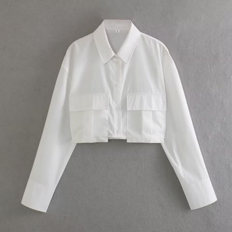 Women's Blouse Long Sleeve Blouses Pocket Simple Style Solid Color