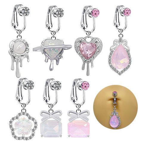1 Piece Belly Rings Elegant Cute Tropical Heart Shape Flower Bow Knot Stainless Steel Alloy Hollow Out Inlay Resin Rhinestones Glass White Gold Plated
