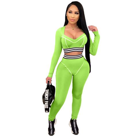 Women's Simple Style Solid Color Cotton Blend Polyester V Neck Tracksuit Wrap Crop Top Skinny Pants Sweatpants
