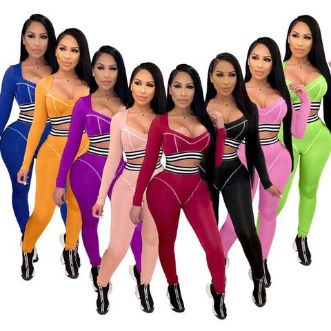 Women's Simple Style Solid Color Cotton Blend Polyester V Neck Tracksuit Wrap Crop Top Skinny Pants Sweatpants