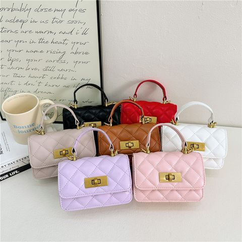 Women's Pu Leather Solid Color Cute Square Lock Clasp Handbag