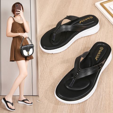 Women's Casual Solid Color Round Toe Wedge Sandals Thong Sandals